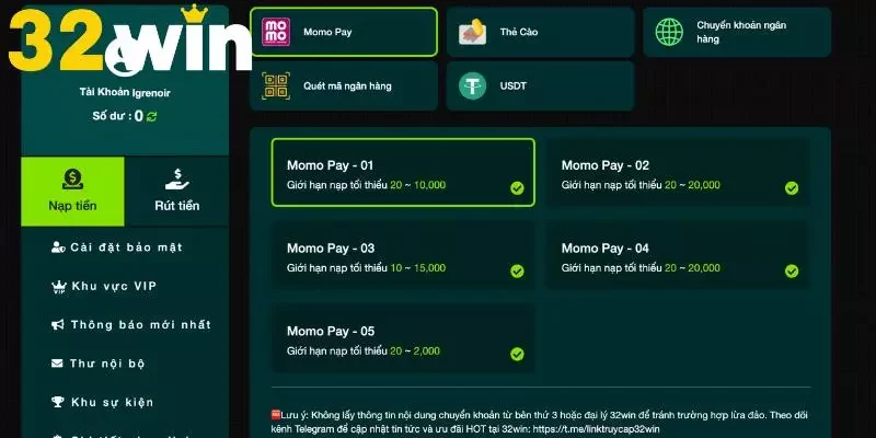 Danh sách các kênh nạp tiền phổ biến nhất tại 32Win 